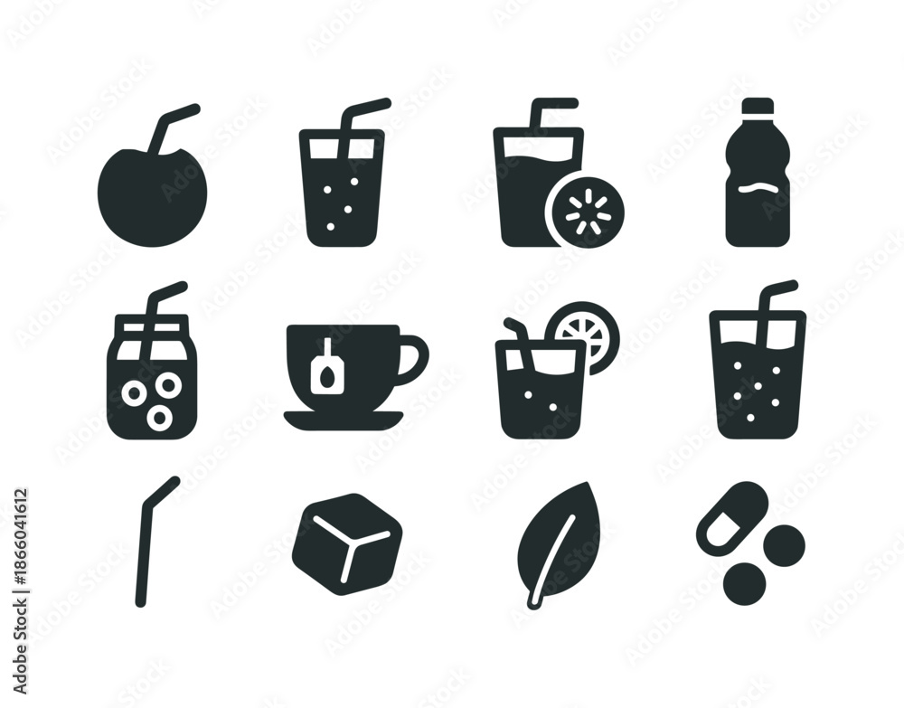Fototapeta premium Healthy Drink Icons. Healthy drinks. Solid icon set of healthy drinks: coconut water, green smoothie, fruit juice, water bottle, detox drink, herbal tea,