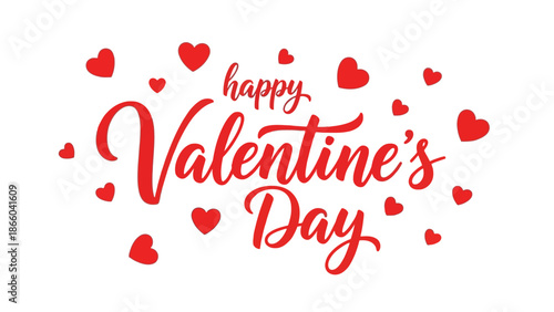 Happy Valentine's Day greeting in red script font surrounded by numerous small red hearts on a white background, celebrating love and romance.