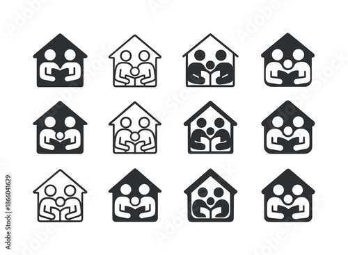 Home Education Icons. Home education and the role of parents in teaching. Icon set. Set Logo of Home education and the role of parents in teaching: family
