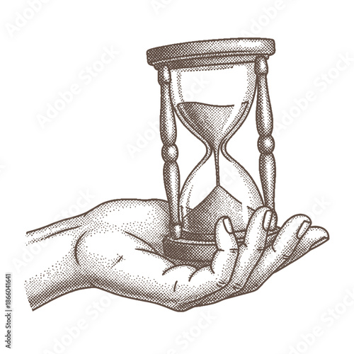 hand holding an hourglass in vintage halftone stipple effect style