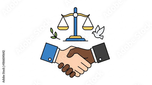 Handshake with Scales of Justice and Dove, Symbolizing Peace and Agreement