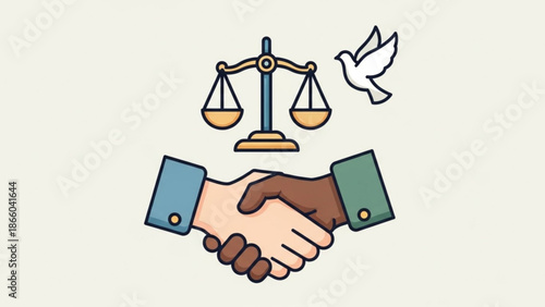 Handshake with Scales of Justice and Dove Symbolizing Agreement and Peace
