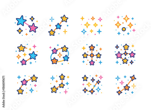 Sparkling Constellation Icons. Sparkling constellation. Colorful isometric vector icons set of sparkling constellation: linked stars, tri-star chain, glowing