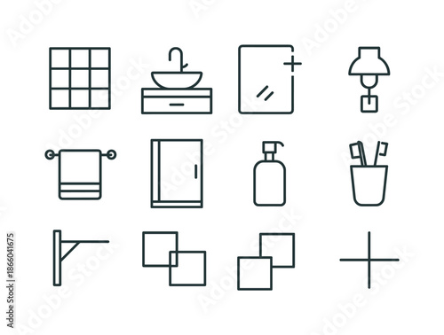Bathroom Mirror Icons. adding a new mirror in the bathroom. Line icon set of adding a new mirror in the bathroom: bathroom wall tile, sink outline, faucet