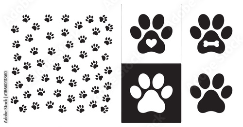 Paw print icons and bones collection stylized black and white vector graphic on white background