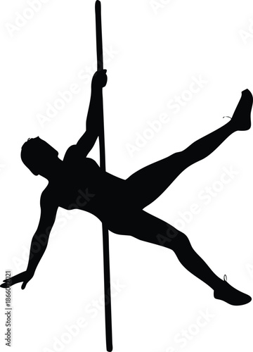 a silhouetted figure of a pole vaulter in mid air during athletic competition