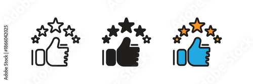 Vector icon set of thumbs up with five stars, representing high customer satisfaction, premium quality rating, and positive feedback.