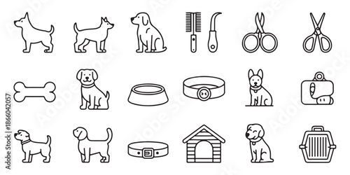 Set of dog and pet care outline icons including breed representations grooming tools accessories food shelter and transportation items vector