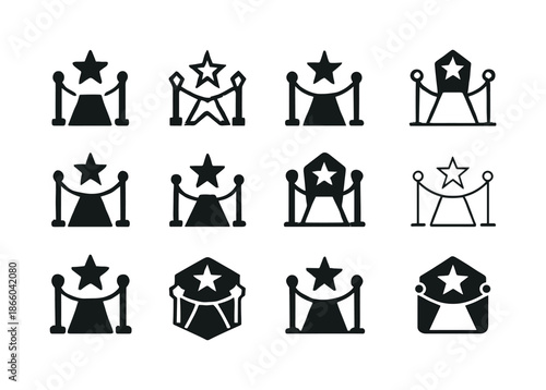 Red Carpet Icons. Red carpet entrance. Icon set. Set Logo of Red carpet entrance: star icon. harmonious logo variations of the same emblematic concept, each