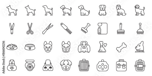 Set of pet accessories and dog breeds line icons dog grooming pet shop food bowl bones for pets carriers and more