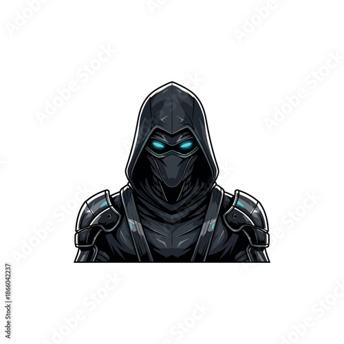 Mysterious hooded figure with glowing blue eyes in futuristic armor.
