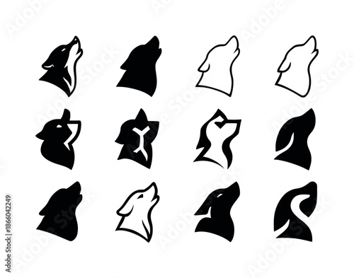 Howling Dog Logo Variations. Dog. Icon set. Set Logo of Dog: side profile of a dog howling upward. harmonious logo variations of the same emblematic concept,