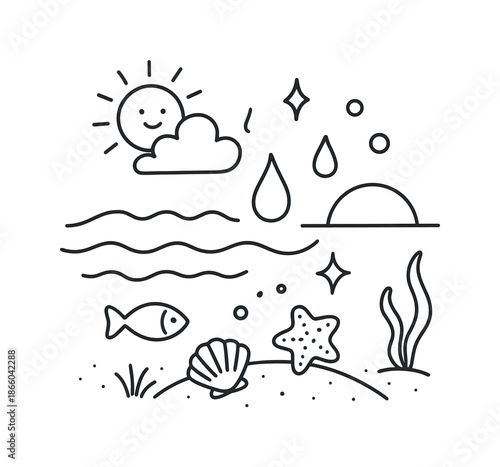 Peaceful Ocean Doodles. Peaceful water. Hand-drawn doodle illustration peaceful water soft waves, droplet, sparkle, cloud, sun, small fish, seashell, starfish,