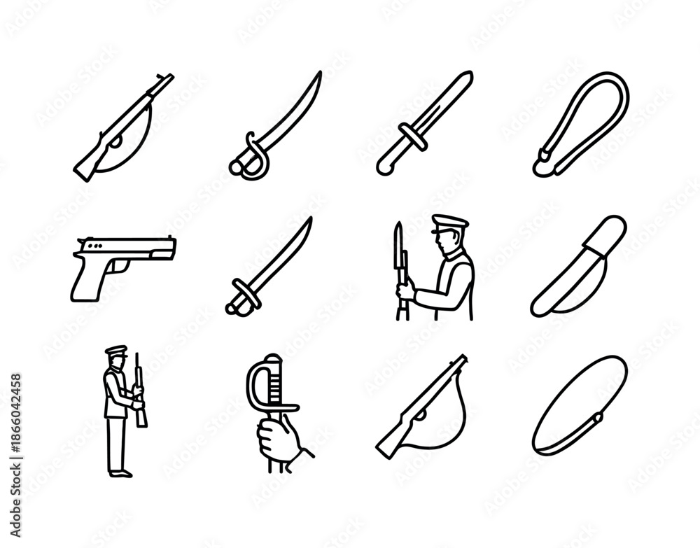 Fototapeta premium Ceremonial Weapon Icons. Ceremonial weapons. Line icon set of Ceremonial weapons: ceremonial rifle, saber icon, bayonet detail, rifle sling, chrome pistol,