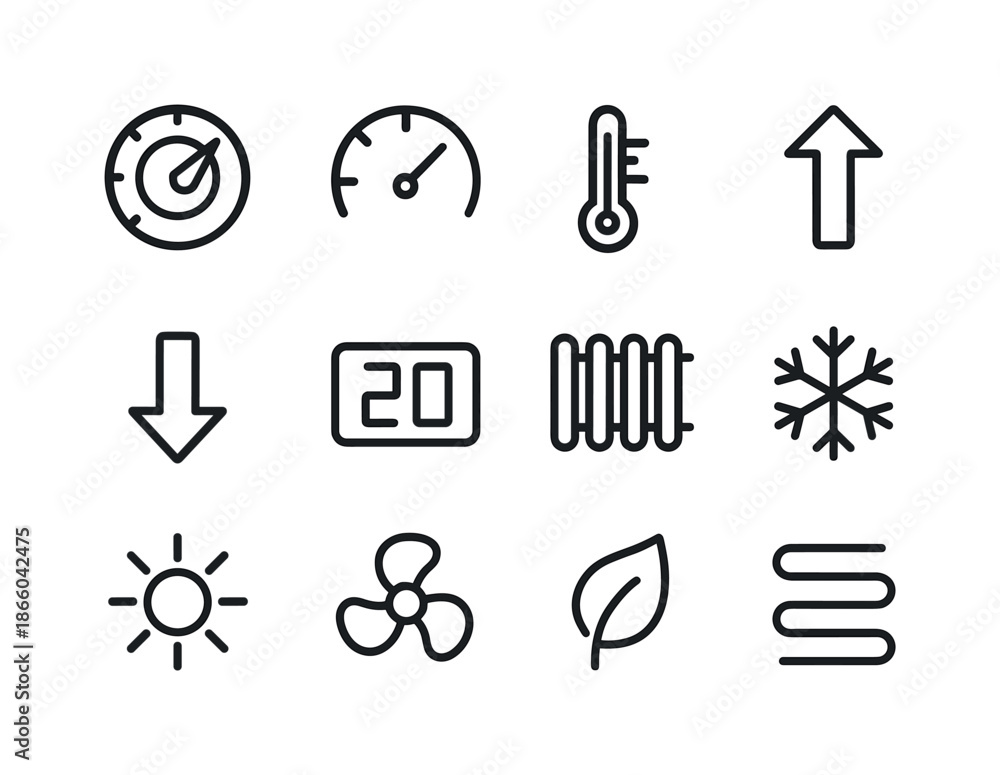 Fototapeta premium Thermostat Adjustment Icons. Adjusting the thermostat. Line icon set of Adjusting the thermostat: thermostat dial, temperature gauge, thermometer, up arrow,