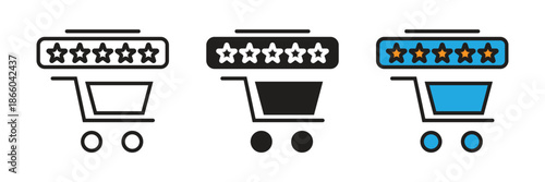 Ecommerce shopping cart icons with a five-star rating bar, suitable for high-rated products, trusted online stores, and consumer recommendations.