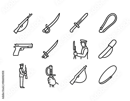 Ceremonial Weapon Icons. Ceremonial weapons. Line icon set of Ceremonial weapons: ceremonial rifle, saber icon, bayonet detail, rifle sling, chrome pistol,