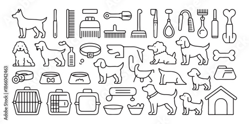 Collection of dog breeds and pet care accessories outline icons pet shop grooming items food bowls bones carriers and more