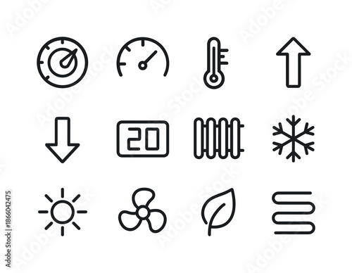 Thermostat Adjustment Icons. Adjusting the thermostat. Line icon set of Adjusting the thermostat: thermostat dial, temperature gauge, thermometer, up arrow,