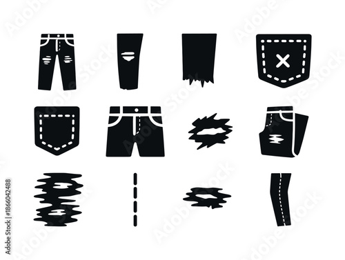 Ripped Jeans Icons. Ripped jeans. Solid icon set of ripped jeans: denim pants, torn knee, frayed hem, patch detail, stitching lines, pocket outline, belt