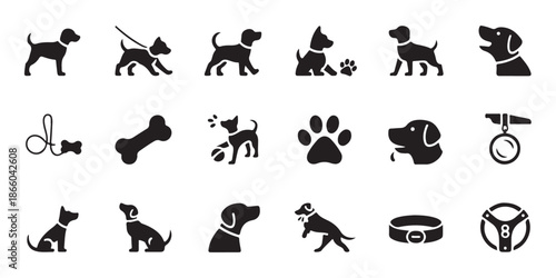Pet dog icons collection featuring various breeds walking playing and grooming silhouettes for animal care concepts