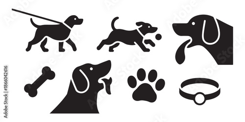 Dog activity silhouettes with walking running and head profiles including bone and paw print icons for pet branding