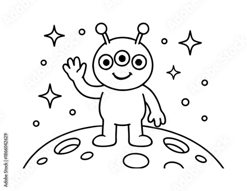 Friendly Alien Waves. Friendly alien possibilities children?s coloring book illustration, outlined drawing, simple non-scary alien character waving from a