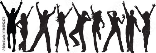 Vector illustration of a group of dancing woman and girl silhouettes in black shadow action poses for music and sport fashion art