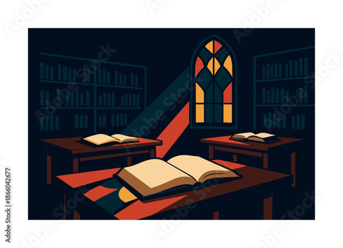 Stained Glass Library. Historic library window. A tall stained-glass window casts colorful shapes across old wooden tables and open folios. Timeless charm.