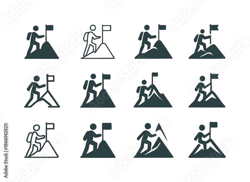 Mountain Hiking Icons. Hiking up a mountain. Icon set. Set Logo of hiking up a mountain: summit flag on ridge. harmonious logo variations of the same