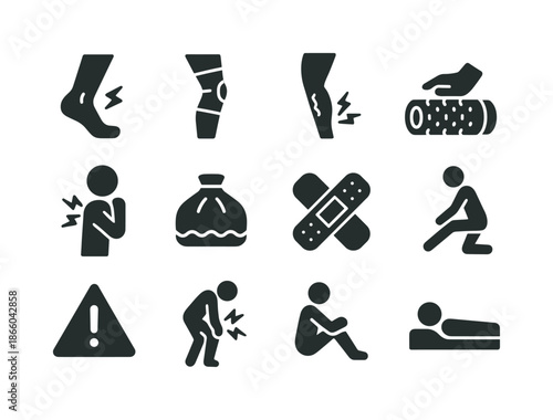 Running Injury Icons. Running injuries. Solid icon set of Running injuries: ankle pain, knee brace, shin splint icon, foam roller, sore muscle icon, ice pack,