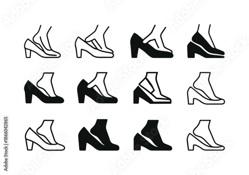 Clothing Logo Variations. Trying on clothes. Icon set. Set Logo of Trying on clothes: shoe fitting. harmonious logo variations of the same emblematic concept,