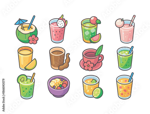 Exotic Drink Icons. Exotic drinks. Colorful isometric vector icons set of exotic drinks: coconut cocktail, dragonfruit drink, guava cooler, lychee spritzer,