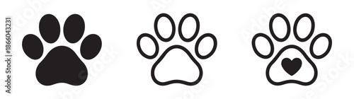 Minimalist set of dog paw prints three styles included solid shape outline design and outline with small heart for emotional themes