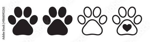 Various dog paw print styles solid and outline tracks featuring cute heart pad detail perfect for animal lovers vector illustration pack