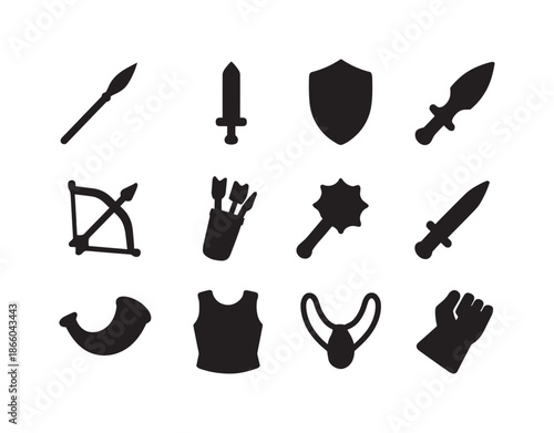 Ancient Weaponry Icons. Ancient weaponry. Solid icon set of Ancient weaponry: spear, sword, shield, axe, bow, arrow bundle, mace, dagger, war horn, armor