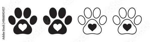 Pet love icons set featuring paw prints and hearts for animal rescue shelters veterinary services and pet owners
