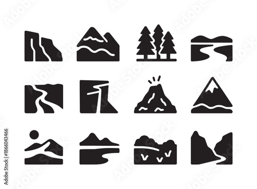Terra Nova Icons. Terra Nova Landscapes. Solid icon set of Terra Nova Landscapes: canyon ridge, misty mountains, dense forest, open plains, river delta, cliff