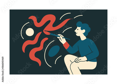 Abstract Artistic Vibration. Artistic expression. A creator releasing bold strokes into the air; floating shapes vibrating with emotion. Soft glow lines