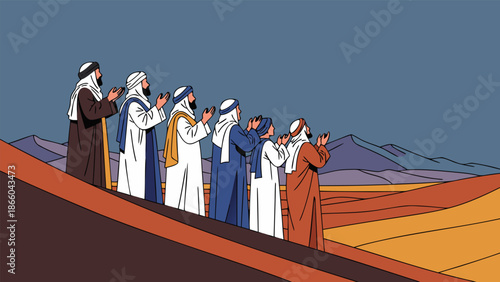 Men praying in a desert landscape vector illustration