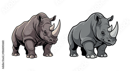 Illustration of two rhinoceros standing side by side in different shades.