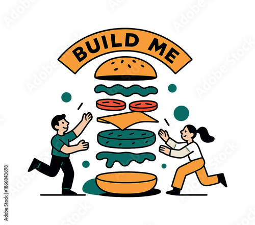 Floating Burger Artistry. Burger Stack Mania. A surreal towering burger with floating layers?bun, lettuce, tomato, cheese, patty, sauce?each separated and