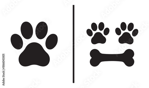 Simple graphic icons of dog and cat footprints alongside bone shapes for animal themes isolated on white vector art