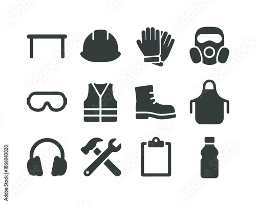 Workstation Safety Icons. Workstation setup. Solid icon set of workstation setup: table, helmet, gloves, mask, goggles, vest, boots, apron, ear protection,