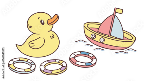 Cute cartoon duck and colorful boat with lifebuoys