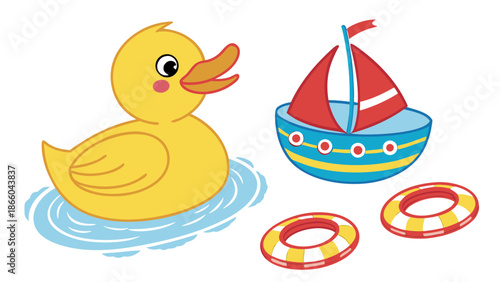 Rubber duck and toy boat with lifebuoys on water