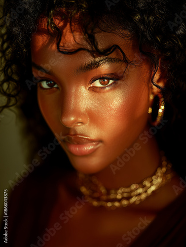 Close up portrait of a beautiful dark skinned woman with glowing skin and curly hair in warm cinematic light celebrating natural beauty confidence elegance and modern femininity