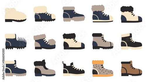 Collection of Various Winter Boots and Shoes.