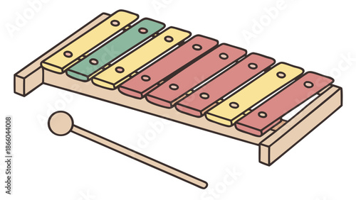 Colorful xylophone with wooden mallet on white background