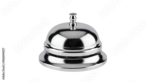 Close up of a classic highly polished chrome service bell with a distinct round base and plunger top isolated on transparent background